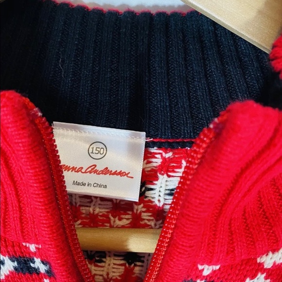 Hanna Andersson Girls Sweater Sz 12 / 150 Red Cotton Knit Fair Isle Quarter Zip - Picture 6 of 9